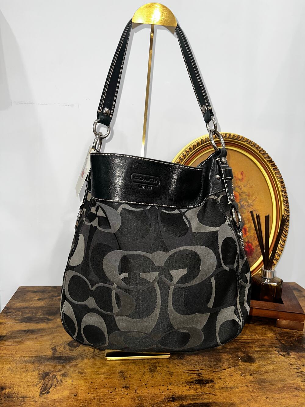 Coach Black and Grey Signature Hobo Shoulder Bag with Leather Trim and Silver Ha